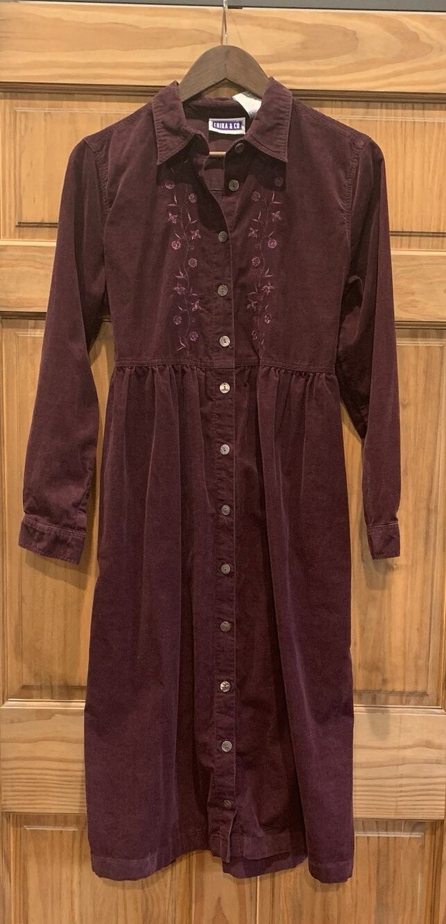 Vintage 90s Erika & Co Burgundy Corduroy Midi Dress Womens M